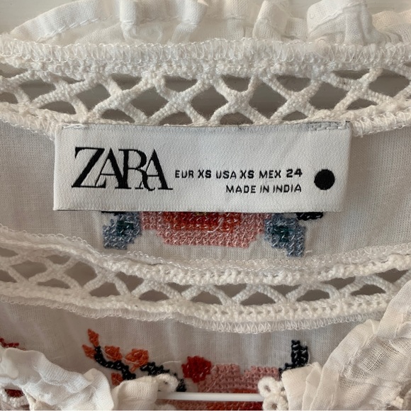 Zara White Floral Embroidered Open Smocked Puff Sleeve Boho Top - Picture 7 of 10